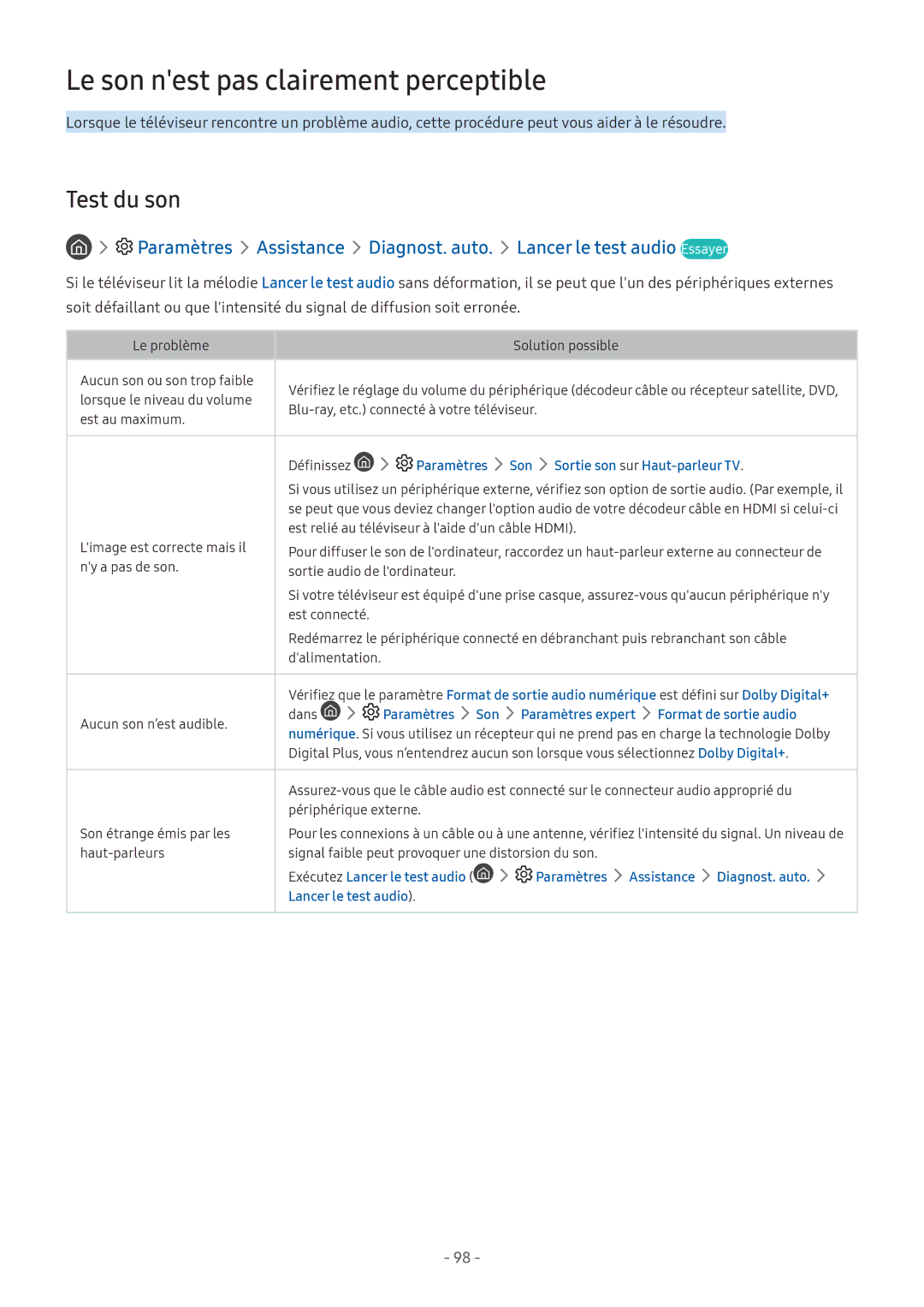 Samsung UE32M5575AUXXC Le son nest pas clairement perceptible, Test du son, Paramètres Son Sortie son sur Haut-parleur TV 