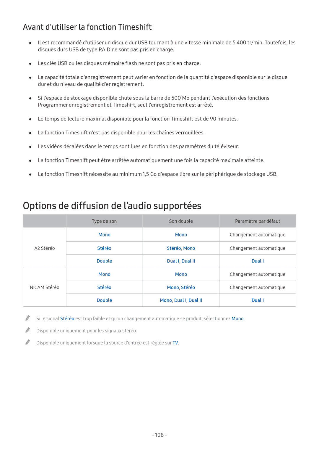 Samsung UE32M5575AUXXC, UE49M5605AKXXC Options de diffusion de l’audio supportées, Avant dutiliser la fonction Timeshift 