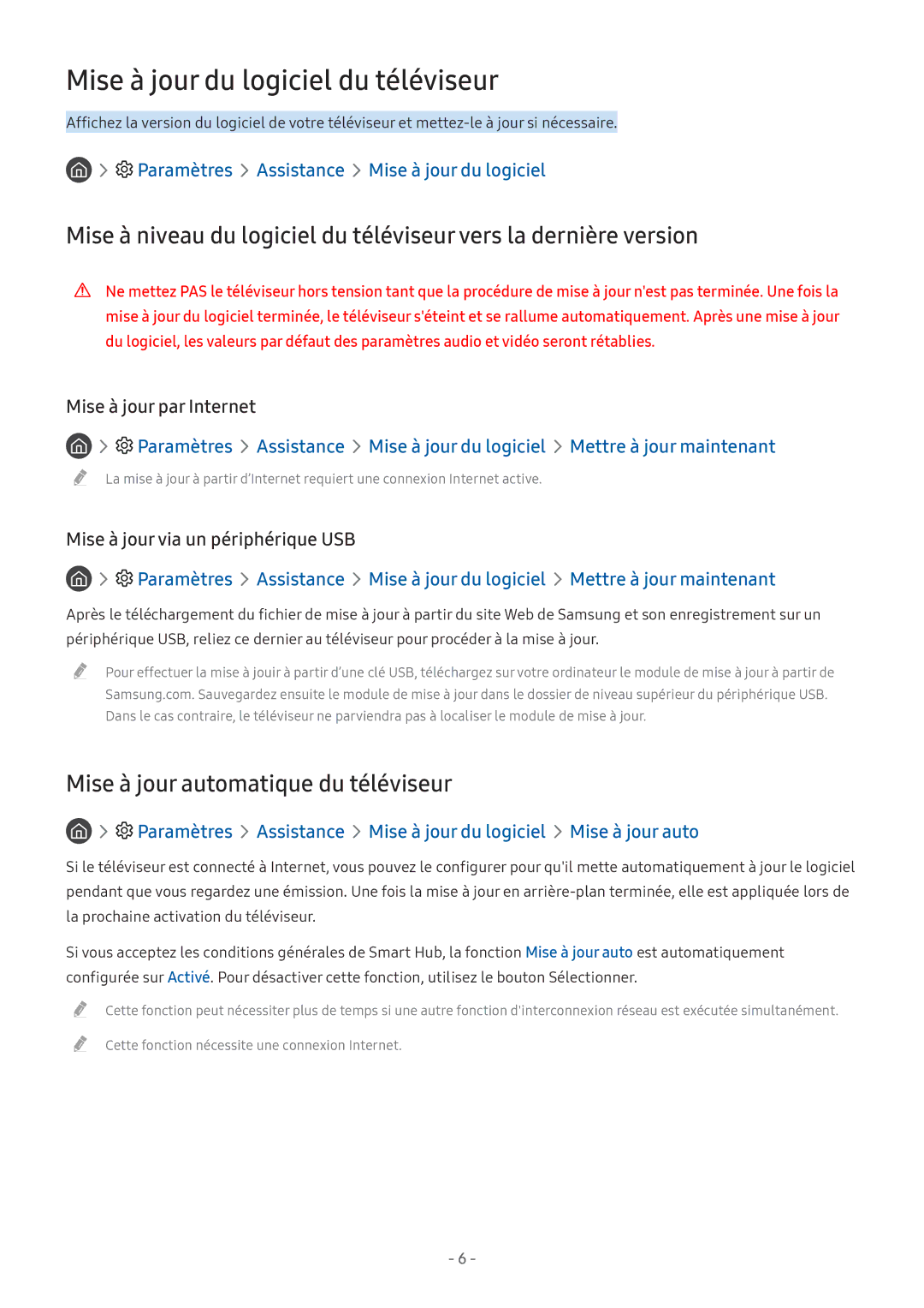 Samsung UE43M5575AUXXC, UE49M5605AKXXC manual Mise à jour du logiciel du téléviseur, Mise à jour automatique du téléviseur 