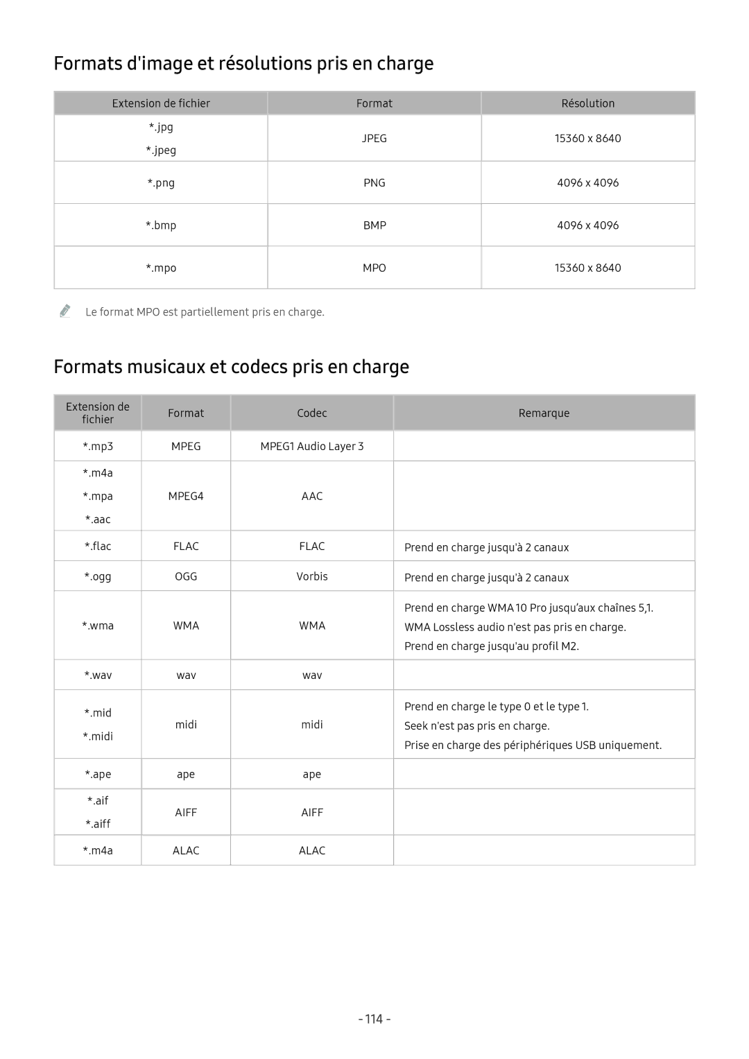 Samsung UE49M5605AKXXC manual Formats dimage et résolutions pris en charge, Formats musicaux et codecs pris en charge 