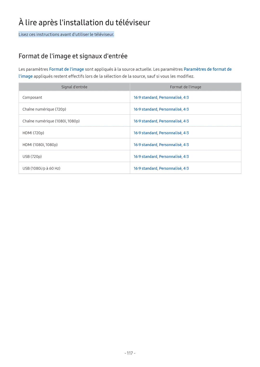 Samsung UE43M5515AKXXC Lire après linstallation du téléviseur, Format de limage et signaux dentrée, Standard, Personnalisé 