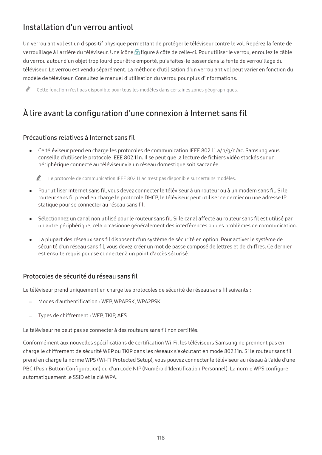 Samsung UE32M5575AUXXC, UE49M5605AKXXC manual Installation dun verrou antivol, Précautions relatives à Internet sans fil 