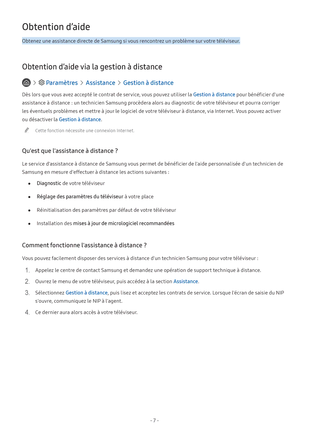 Samsung UE43M5515AKXXC manual Obtention d’aide via la gestion à distance, Paramètres Assistance Gestion à distance 