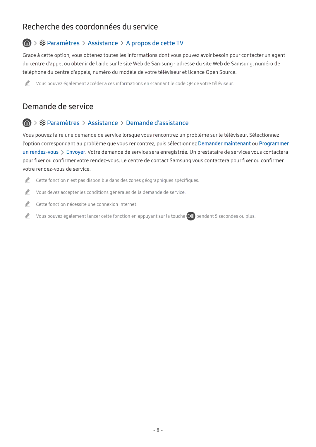 Samsung UE32M5575AUXXC Recherche des coordonnées du service, Demande de service, Paramètres Assistance Demande dassistance 