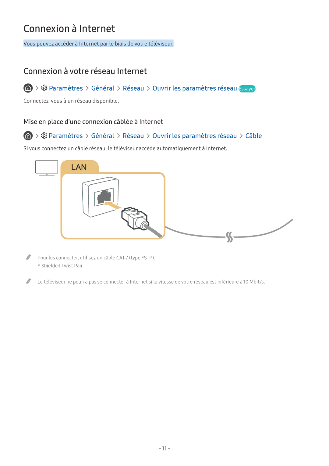 Samsung UE49M5505AKXXC, UE49M5605AKXXC, UE49M5515AKXXC manual Connexion à Internet, Connexion à votre réseau Internet 