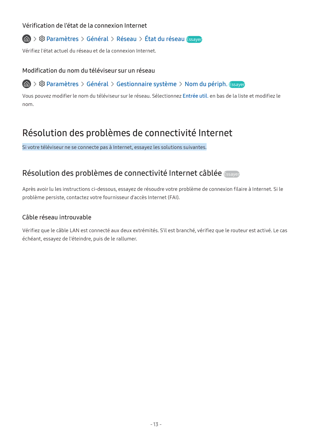 Samsung UE49M6305AKXXC Résolution des problèmes de connectivité Internet, Vérification de l’état de la connexion Internet 