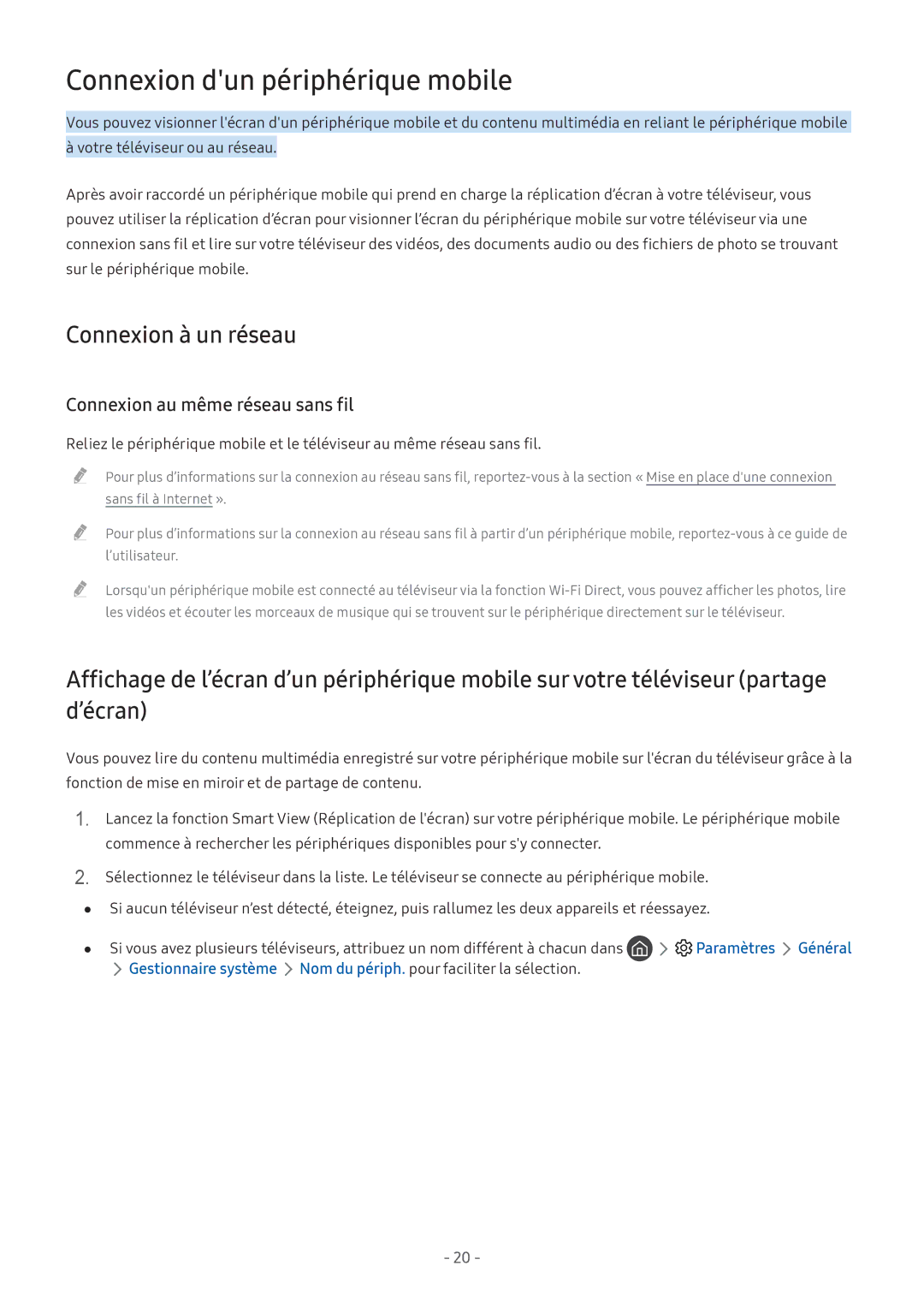 Samsung UE55M5505AKXXC manual Connexion dun périphérique mobile, Connexion à un réseau, Connexion au même réseau sans fil 