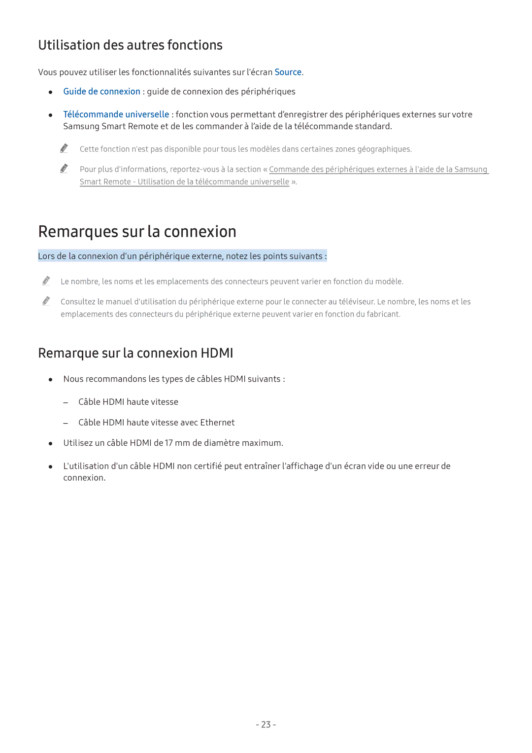 Samsung UE49M6305AKXXC manual Remarques sur la connexion, Utilisation des autres fonctions, Remarque sur la connexion Hdmi 