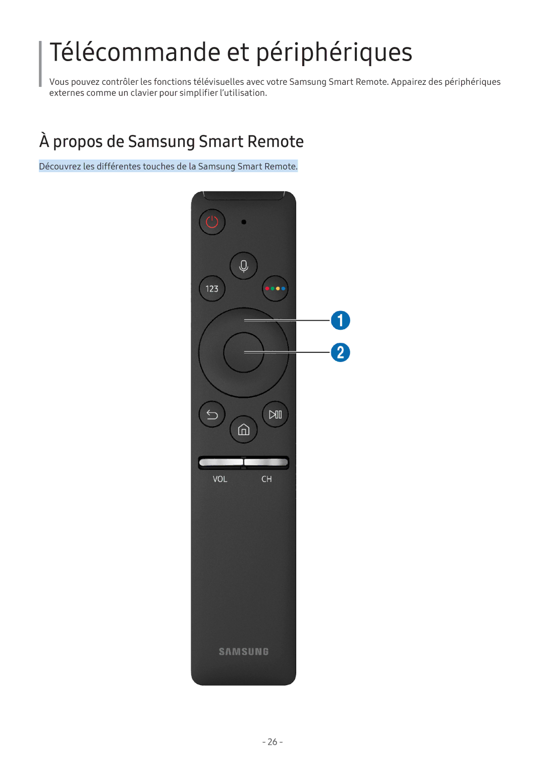 Samsung UE43M5575AUXXC, UE49M5605AKXXC, UE49M5515AKXXC manual Télécommande et périphériques, Propos de Samsung Smart Remote 