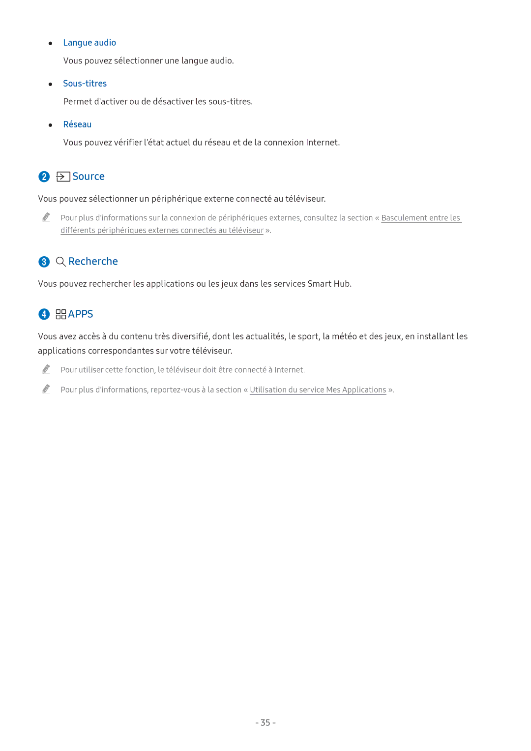 Samsung UE49M5515AKXXC, UE49M5605AKXXC, UE43M5575AUXXC, UE43M5515AKXXC manual Apps, Langue audio, Sous-titres, Réseau 
