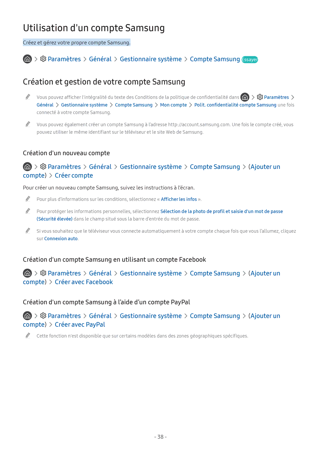 Samsung UE32M5575AUXXC, UE49M5605AKXXC Utilisation dun compte Samsung, Création et gestion de votre compte Samsung, Compte 