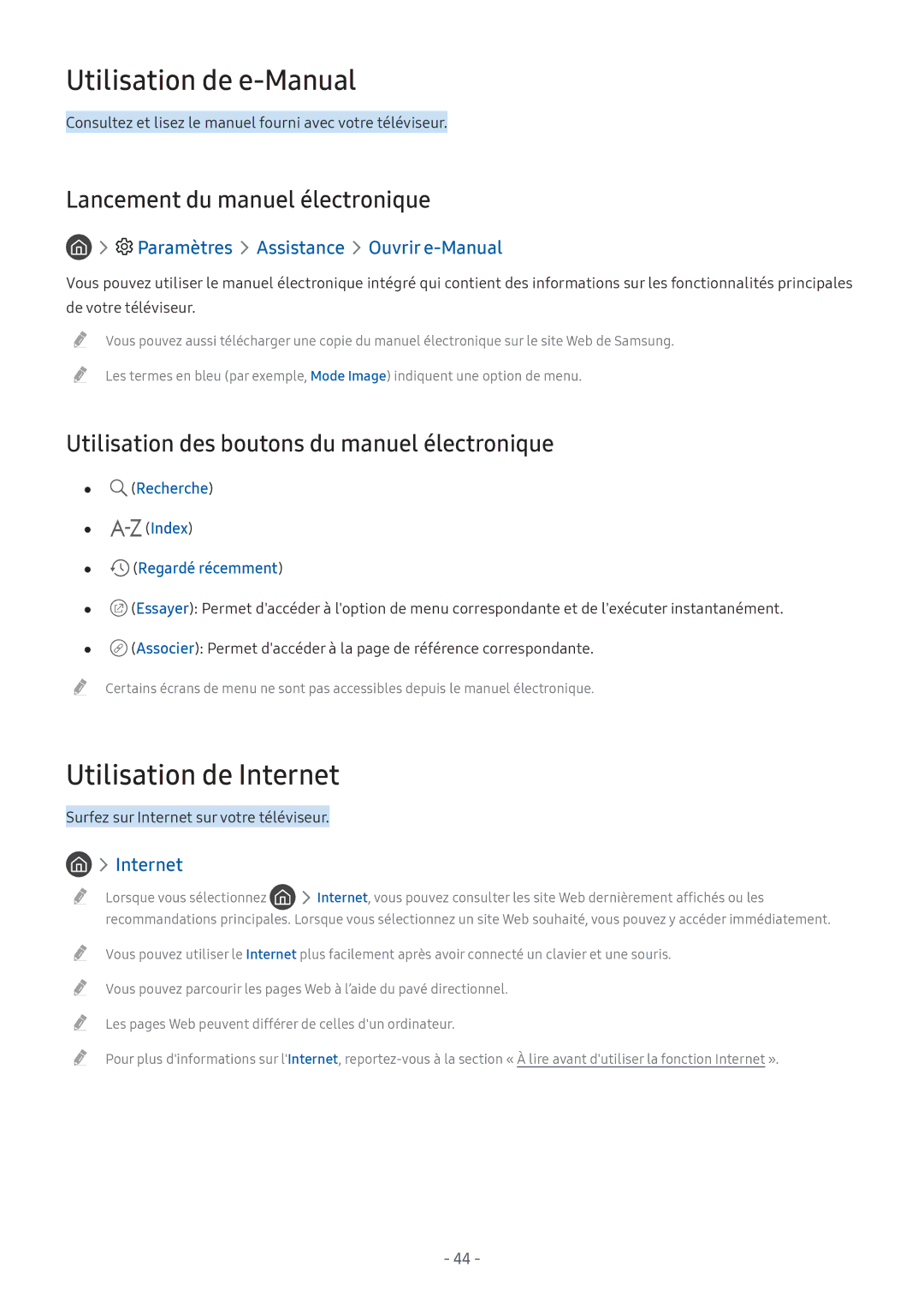 Samsung UE49M5605AKXXC, UE49M5515AKXXC Utilisation de e-Manual, Utilisation de Internet, Lancement du manuel électronique 