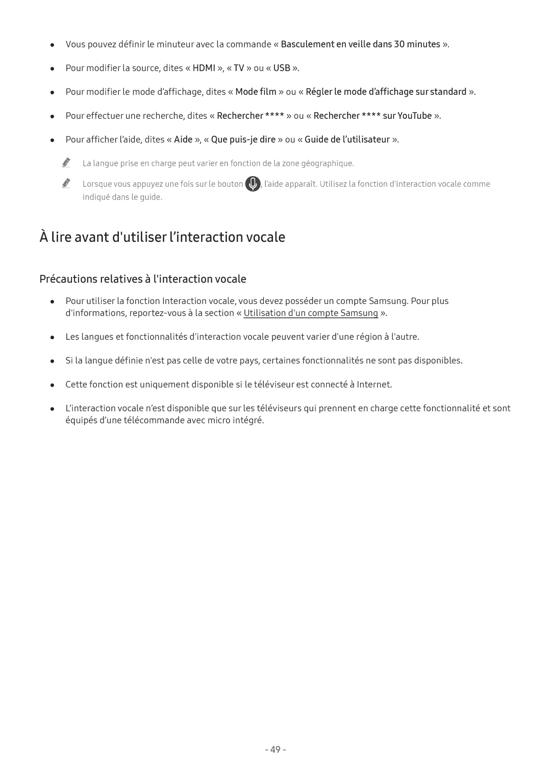 Samsung UE32M5505AKXXC, UE49M5605AKXXC, UE49M5515AKXXC, UE43M5575AUXXC manual Lire avant dutiliser l’interaction vocale 