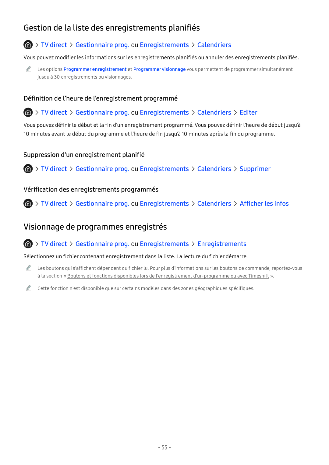 Samsung UE49M5515AKXXC manual Gestion de la liste des enregistrements planifiés, Visionnage de programmes enregistrés 