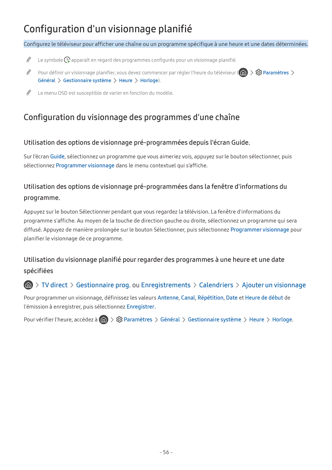 Samsung UE43M5575AUXXC manual Configuration dun visionnage planifié, Configuration du visionnage des programmes dune chaîne 