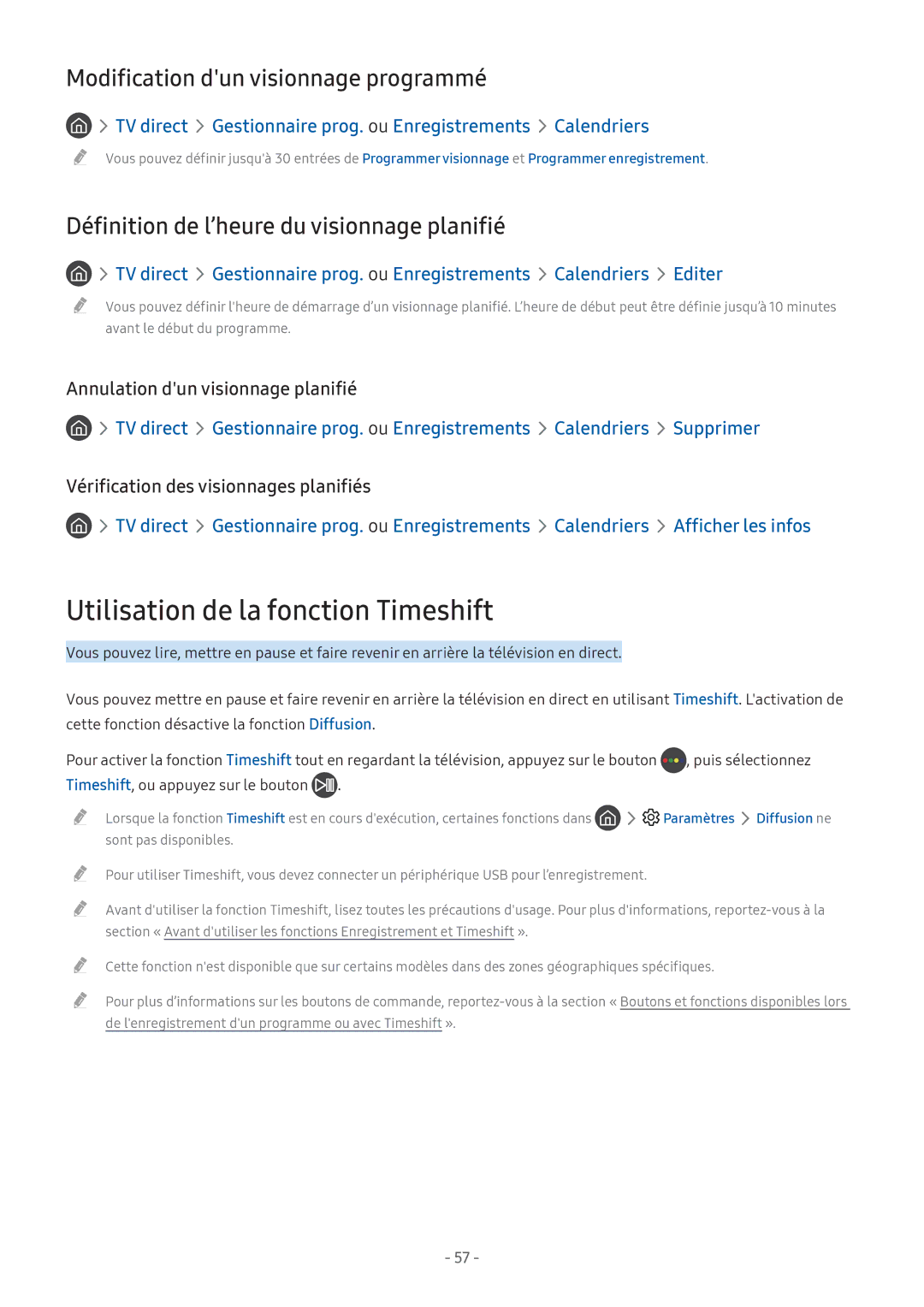 Samsung UE43M5515AKXXC, UE49M5605AKXXC manual Utilisation de la fonction Timeshift, Modification dun visionnage programmé 