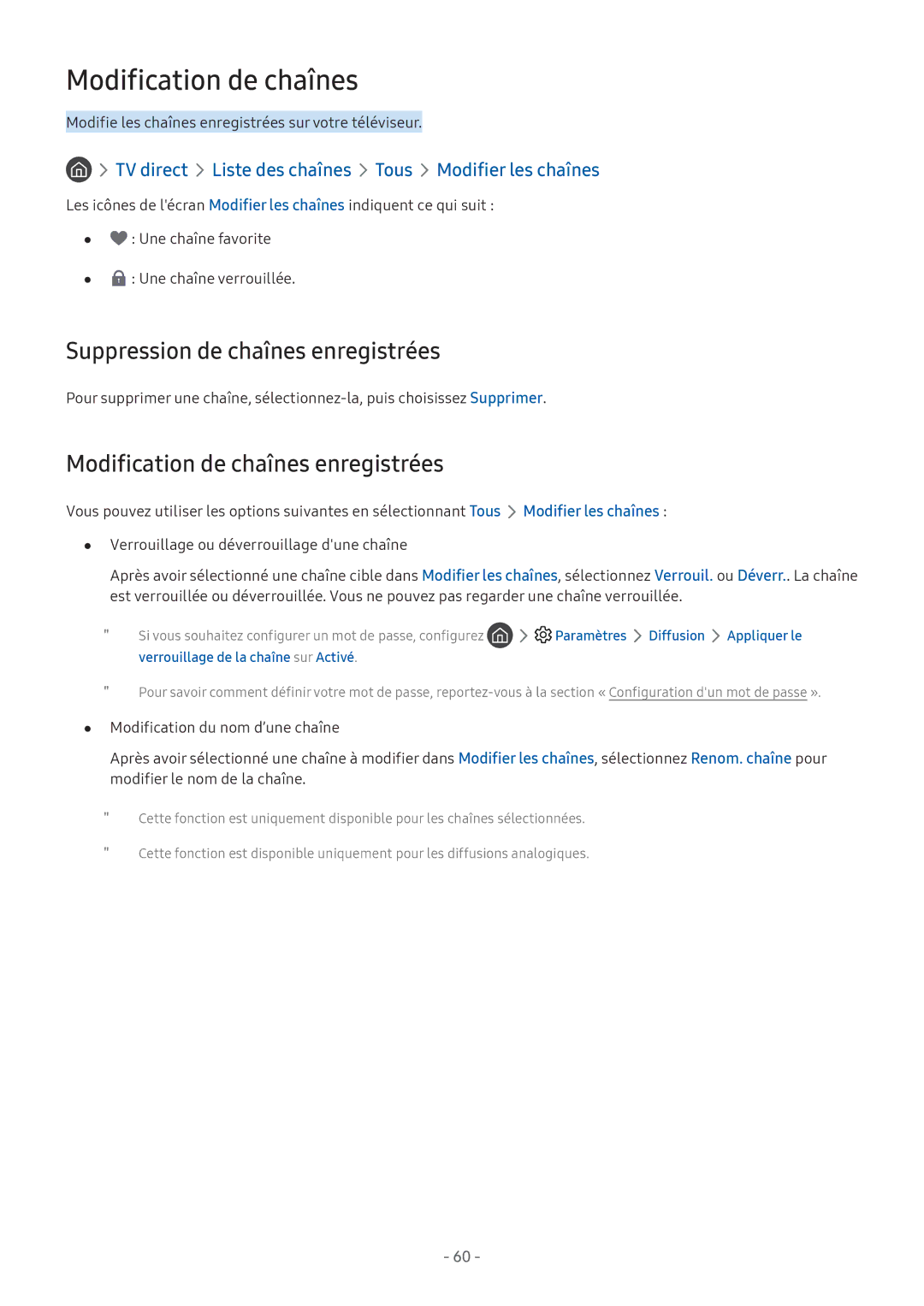 Samsung UE55M5505AKXXC, UE49M5605AKXXC manual Suppression de chaînes enregistrées, Modification de chaînes enregistrées 