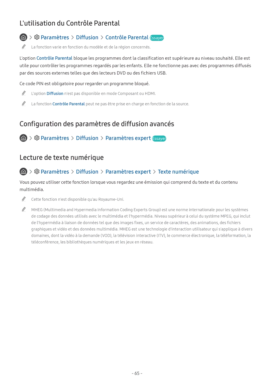 Samsung UE49M5515AKXXC manual Lutilisation du Contrôle Parental, Configuration des paramètres de diffusion avancés 