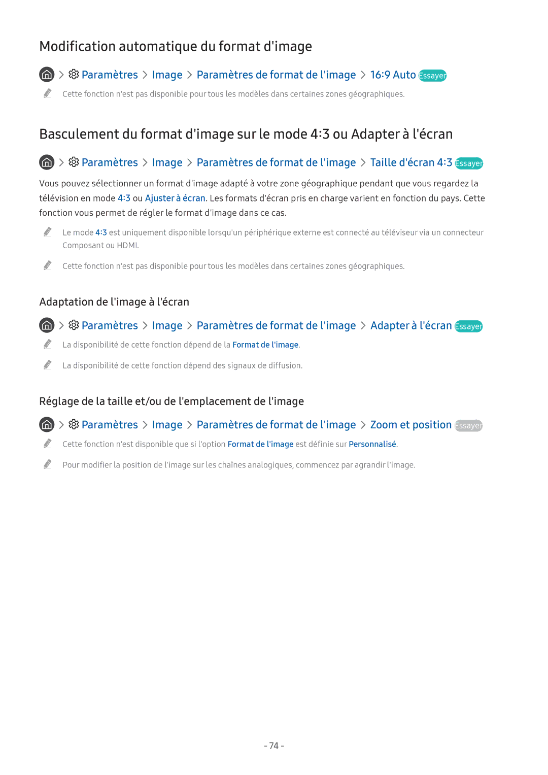 Samsung UE49M5605AKXXC, UE49M5515AKXXC manual Modification automatique du format dimage, Adaptation de limage à lécran 