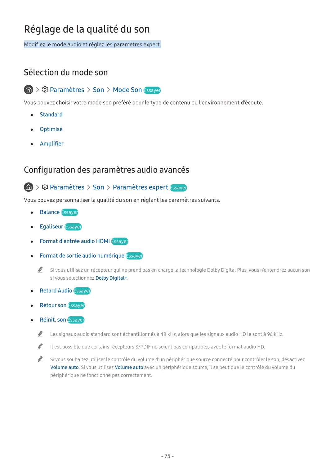 Samsung UE49M5515AKXXC Réglage de la qualité du son, Sélection du mode son, Configuration des paramètres audio avancés 
