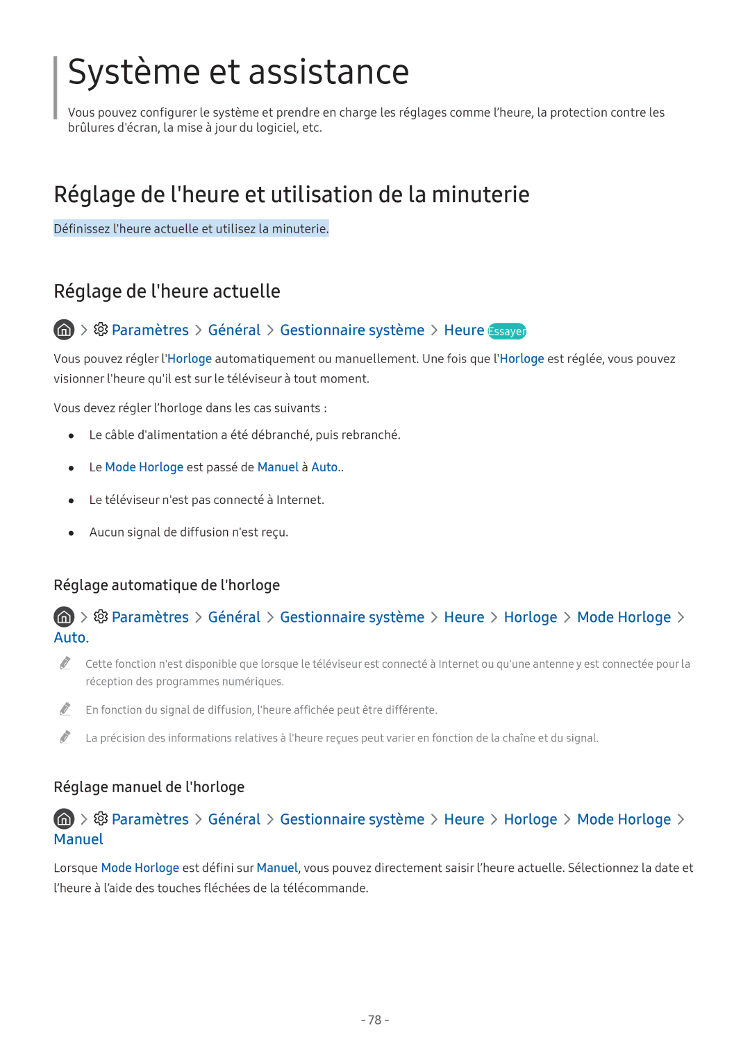 Samsung UE32M5575AUXXC, UE49M5605AKXXC manual Réglage de lheure et utilisation de la minuterie, Réglage de lheure actuelle 