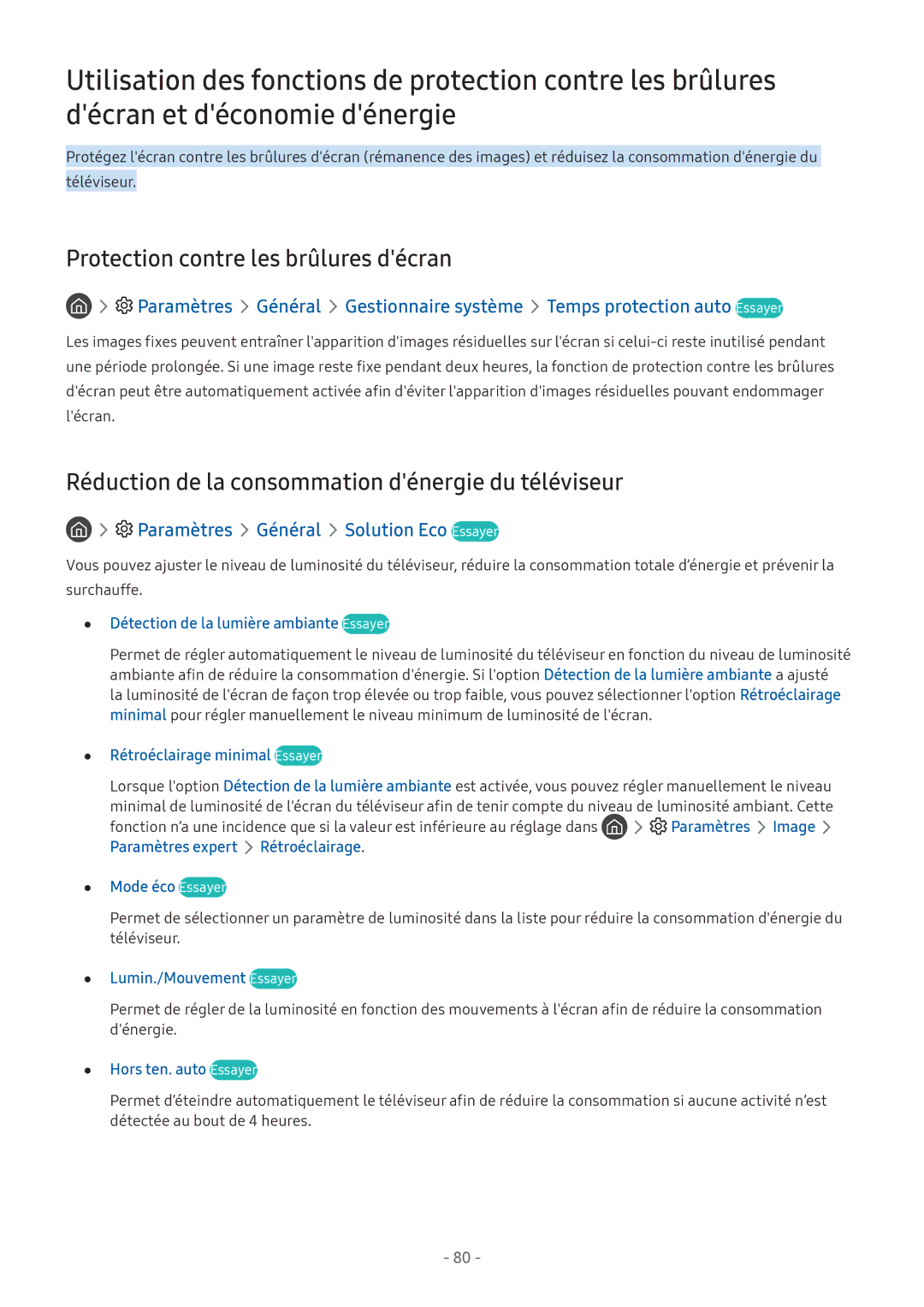 Samsung UE55M5505AKXXC manual Protection contre les brûlures décran, Réduction de la consommation dénergie du téléviseur 