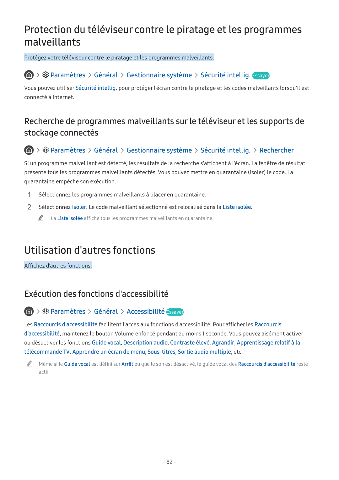 Samsung UE55M6305AKXXC, UE49M5605AKXXC manual Utilisation dautres fonctions, Exécution des fonctions daccessibilité 