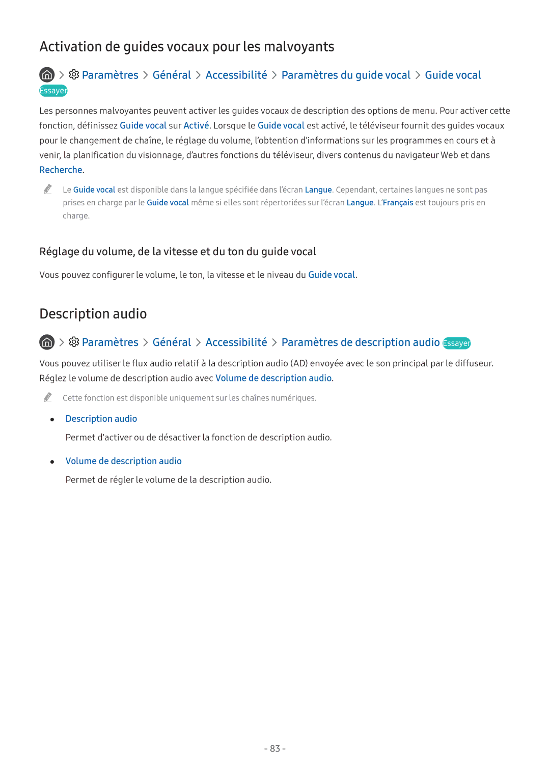 Samsung UE49M6305AKXXC Activation de guides vocaux pour les malvoyants, Description audio, Volume de description audio 