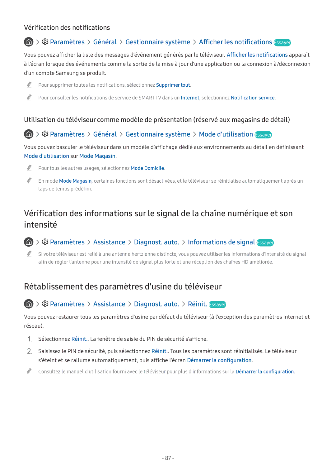 Samsung UE43M5515AKXXC, UE49M5605AKXXC Rétablissement des paramètres dusine du téléviseur, Vérification des notifications 