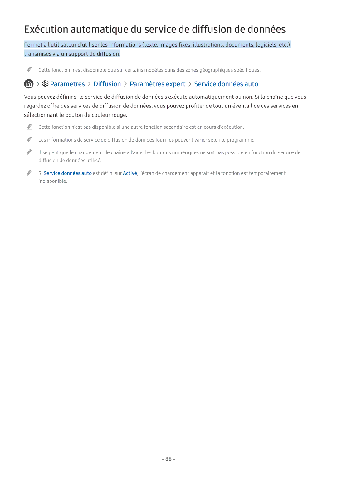 Samsung UE32M5575AUXXC, UE49M5605AKXXC, UE49M5515AKXXC manual Exécution automatique du service de diffusion de données 