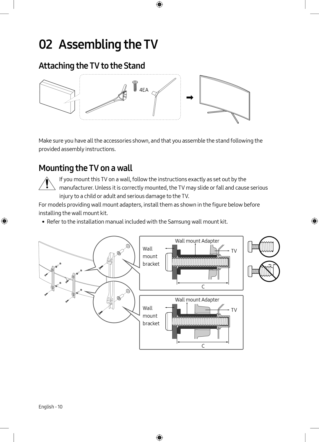 Samsung UE49M6300AKXXU, UE49M6300AKXZT manual Assembling the TV, Attaching the TV to the Stand, Mounting the TV on a wall 