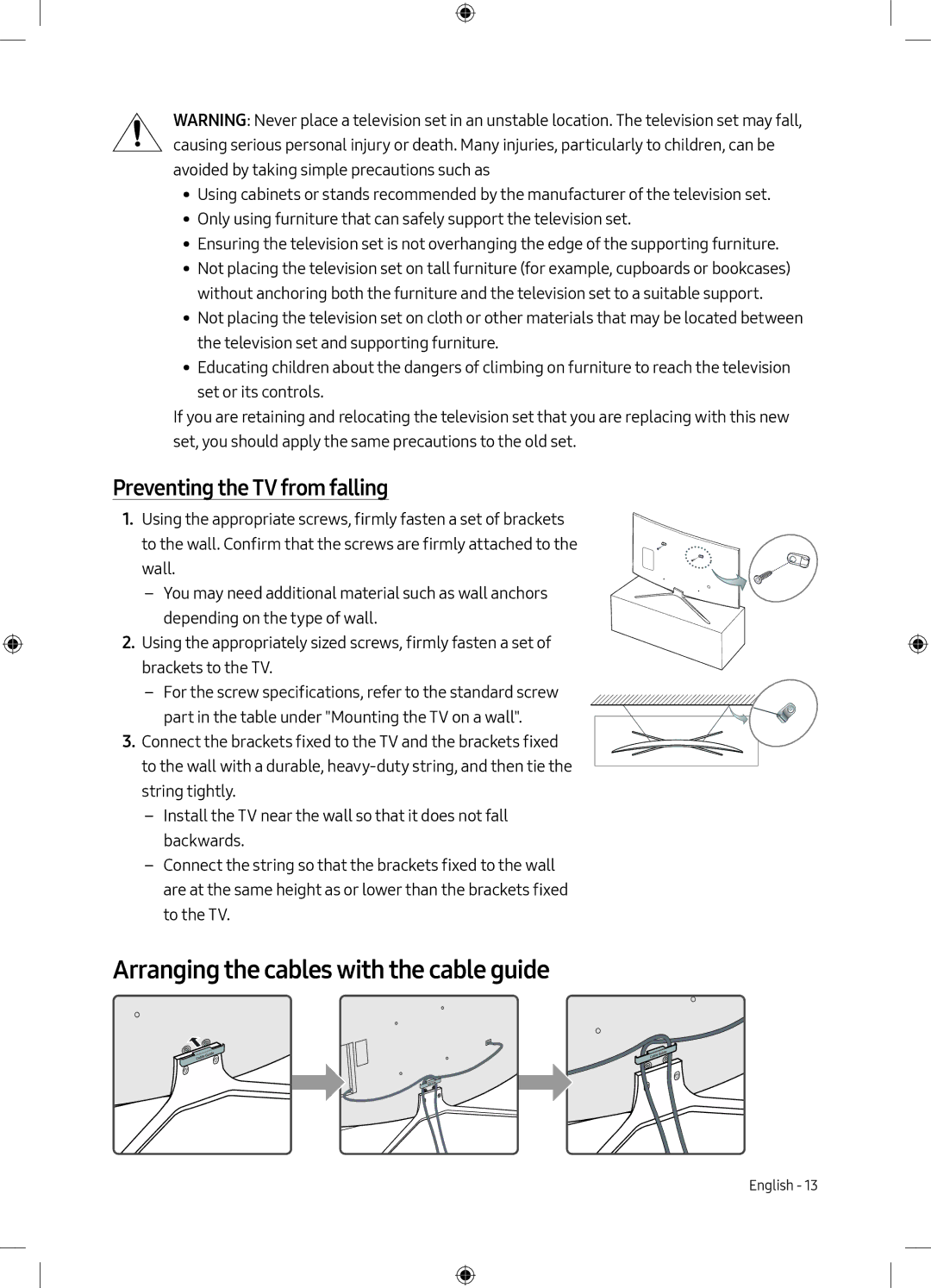 Samsung UE49M6300AKXXU, UE49M6300AKXZT manual Arranging the cables with the cable guide, Preventing the TV from falling 