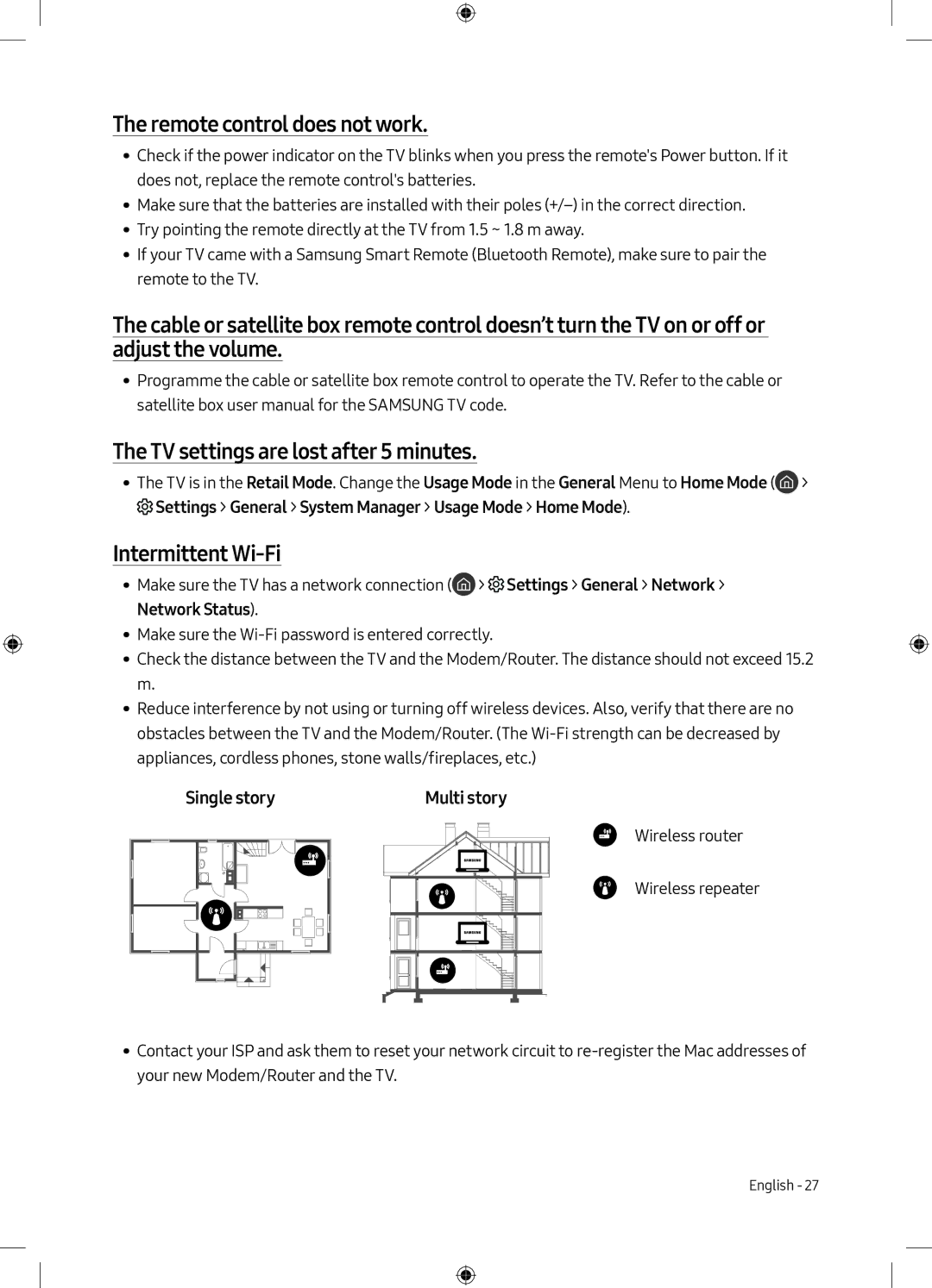 Samsung UE49M6300AKXZT, UE49M6300AKXXU, UE55M6300AKXXU manual Remote control does not work, Intermittent Wi-Fi 