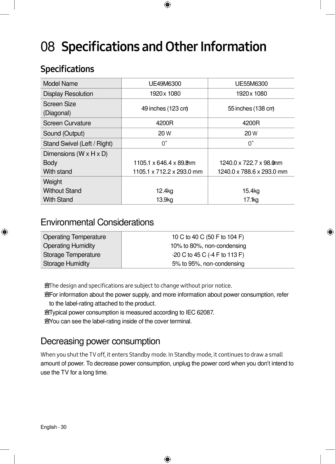 Samsung UE49M6300AKXZT Specifications and Other Information, Environmental Considerations, Decreasing power consumption 