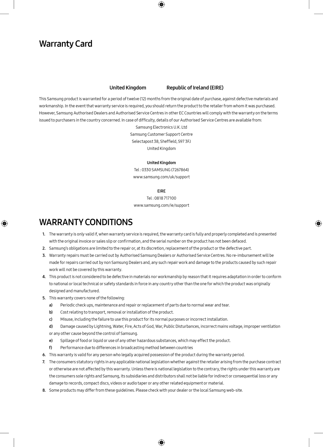 Samsung UE49M6300AKXXU, UE49M6300AKXZT, UE55M6300AKXXU manual Warranty Card, United Kingdom 