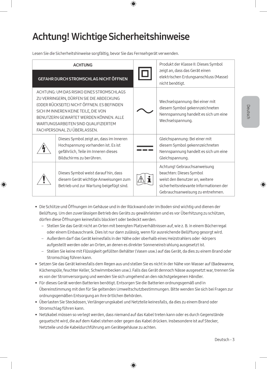 Samsung UE49M6300AKXZT manual Achtung! Wichtige Sicherheitshinweise 