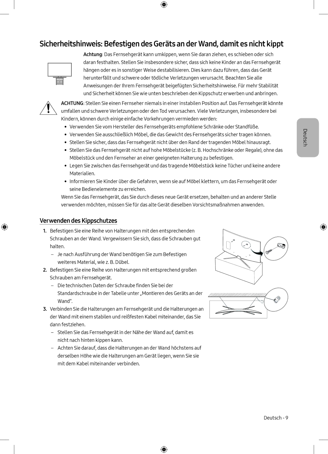 Samsung UE49M6300AKXZT manual Verwenden des Kippschutzes 