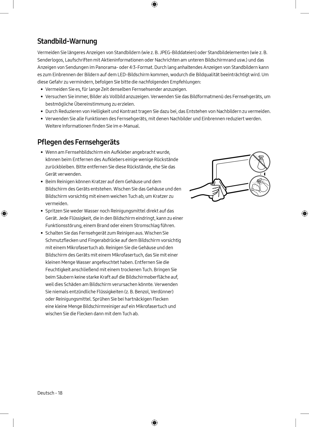 Samsung UE49M6300AKXZT manual Standbild-Warnung, Pflegen des Fernsehgeräts 