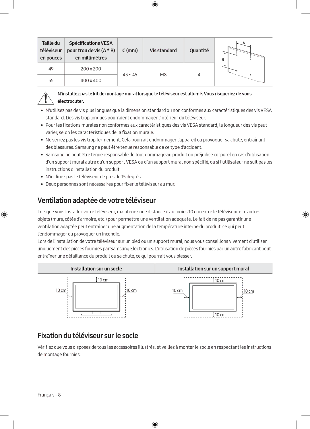 Samsung UE49M6300AWXXN manual Ventilation adaptée de votre téléviseur, Fixation du téléviseur sur le socle, Taille du 