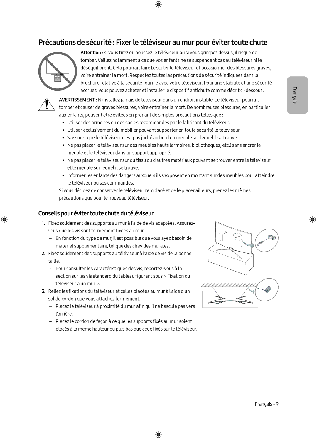 Samsung UE55M6300AWXXN, UE49M6300AWXXN manual Conseils pour éviter toute chute du téléviseur 