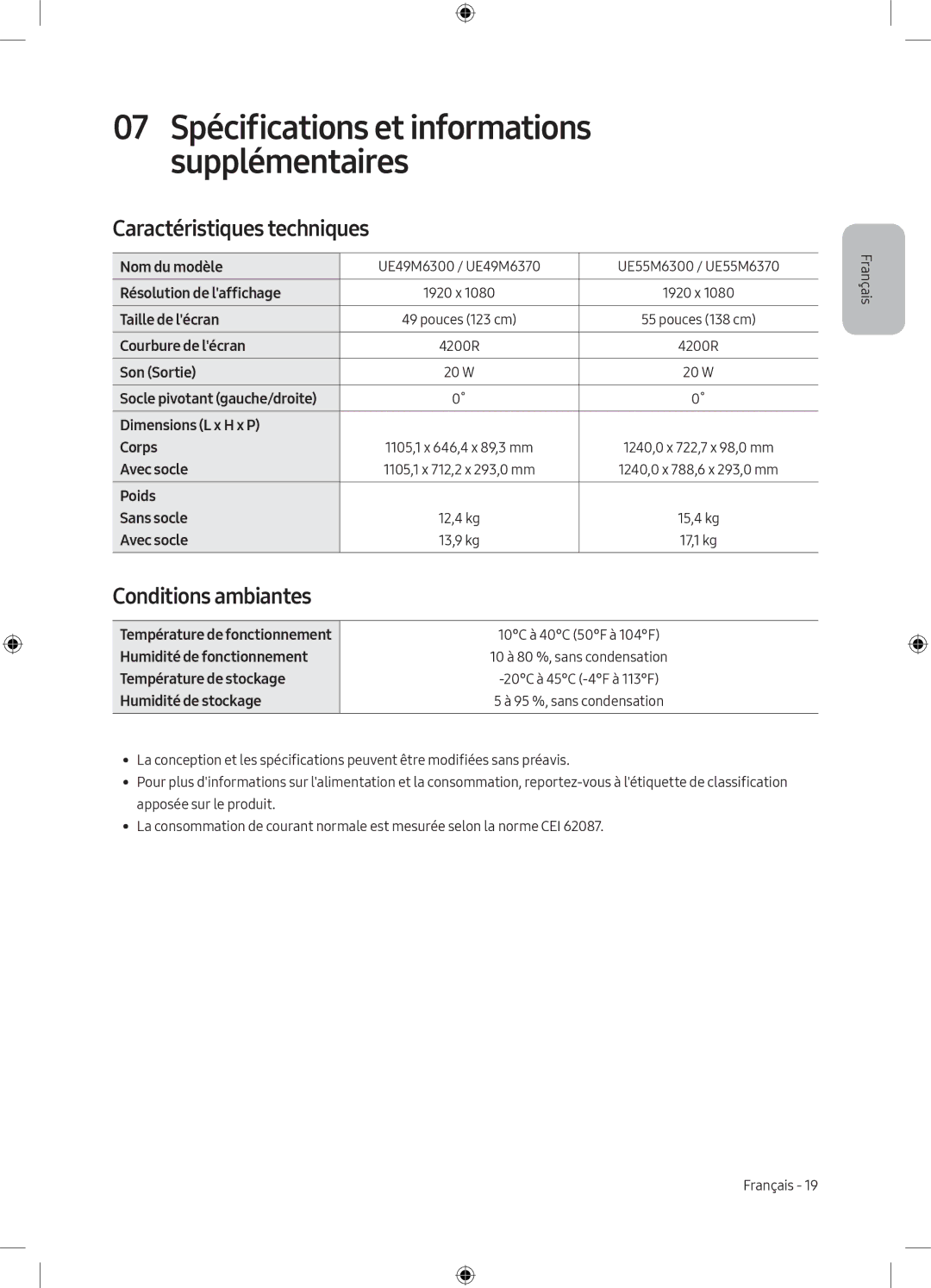 Samsung UE55M6300AWXXN, UE49M6300AWXXN manual Caractéristiques techniques, Conditions ambiantes 