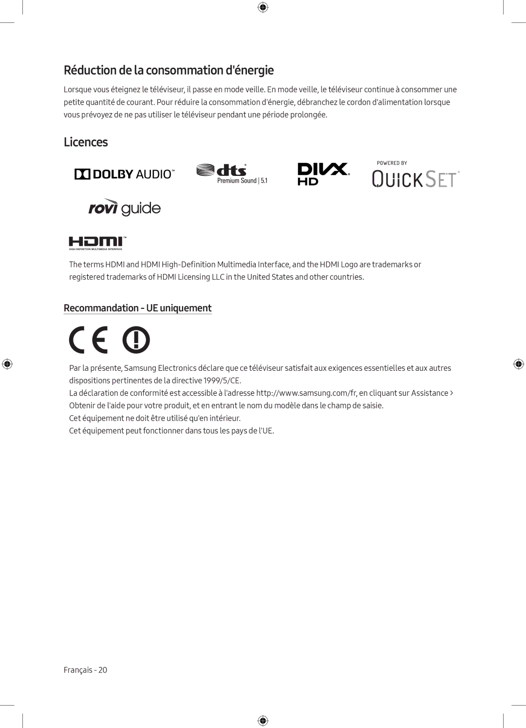 Samsung UE49M6300AWXXN, UE55M6300AWXXN manual Réduction de la consommation dénergie, Recommandation UE uniquement 