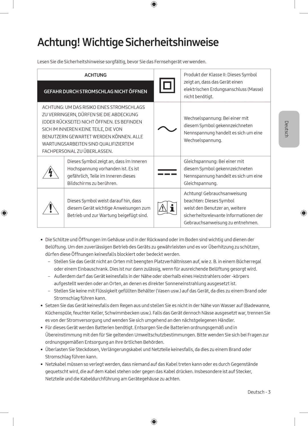 Samsung UE55M6300AWXXN, UE49M6300AWXXN manual Achtung! Wichtige Sicherheitshinweise 