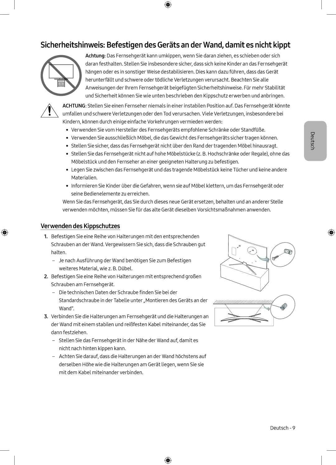 Samsung UE55M6300AWXXN, UE49M6300AWXXN manual Verwenden des Kippschutzes 