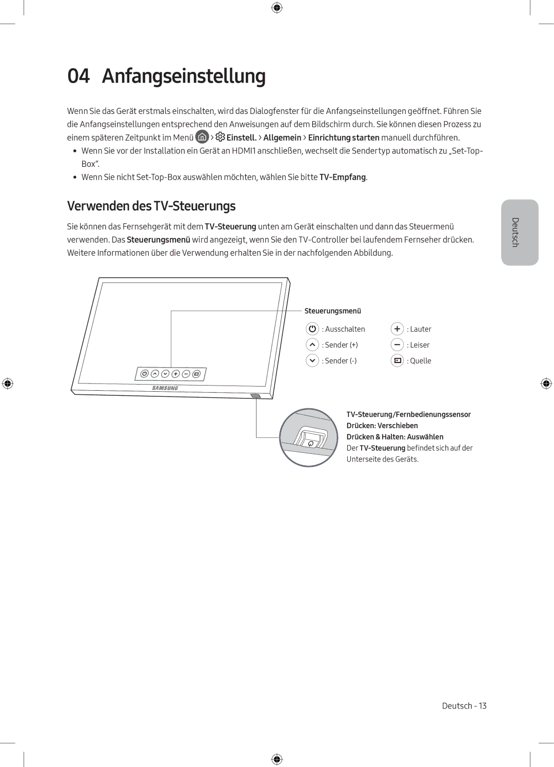 Samsung UE55M6300AWXXN, UE49M6300AWXXN manual Anfangseinstellung, Verwenden des TV-Steuerungs 