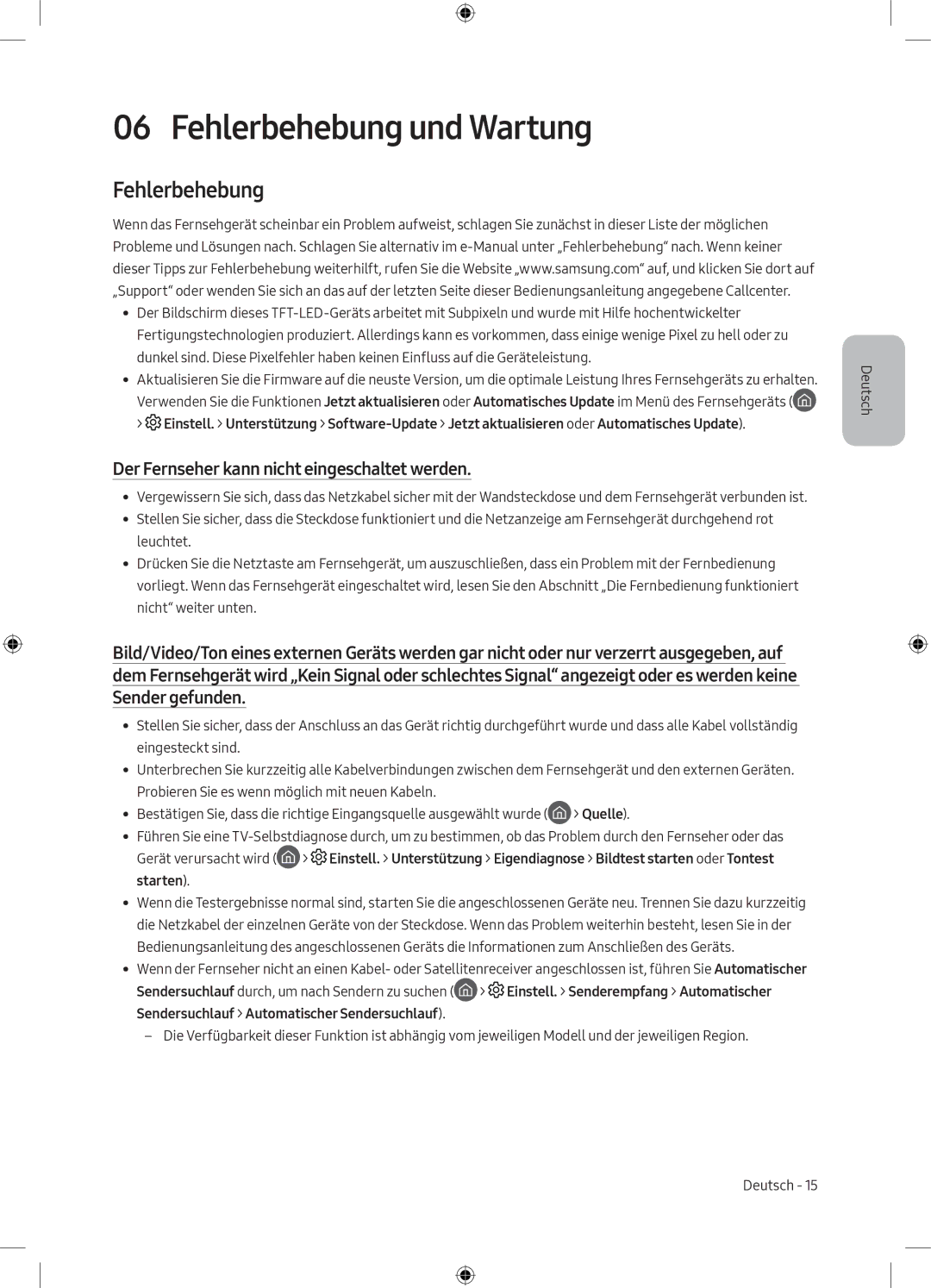 Samsung UE55M6300AWXXN, UE49M6300AWXXN manual Fehlerbehebung und Wartung, Der Fernseher kann nicht eingeschaltet werden 