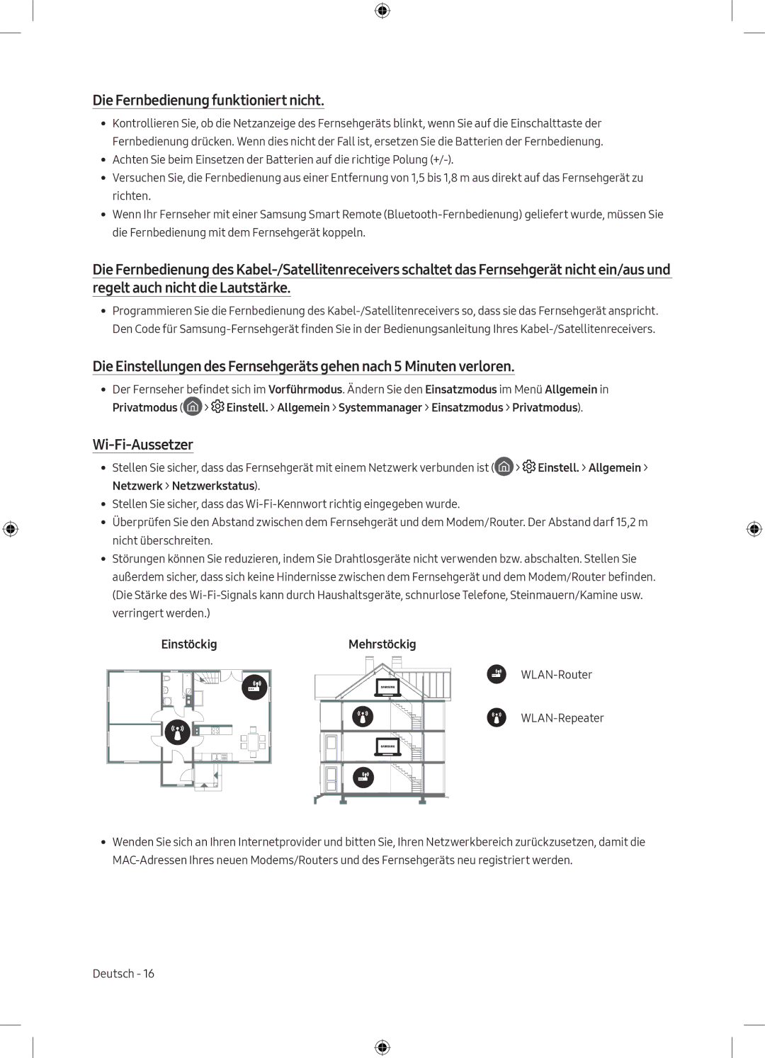 Samsung UE49M6300AWXXN, UE55M6300AWXXN manual Die Fernbedienung funktioniert nicht, Wi-Fi-Aussetzer, EinstöckigMehrstöckig 