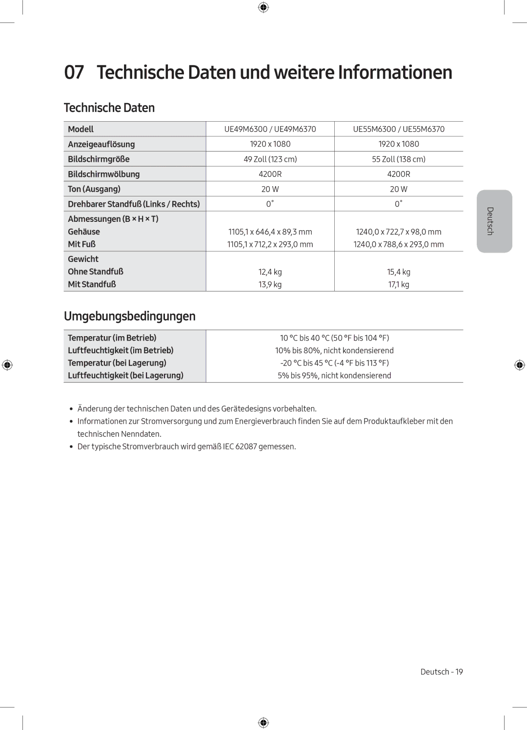 Samsung UE55M6300AWXXN, UE49M6300AWXXN manual Technische Daten, Umgebungsbedingungen 