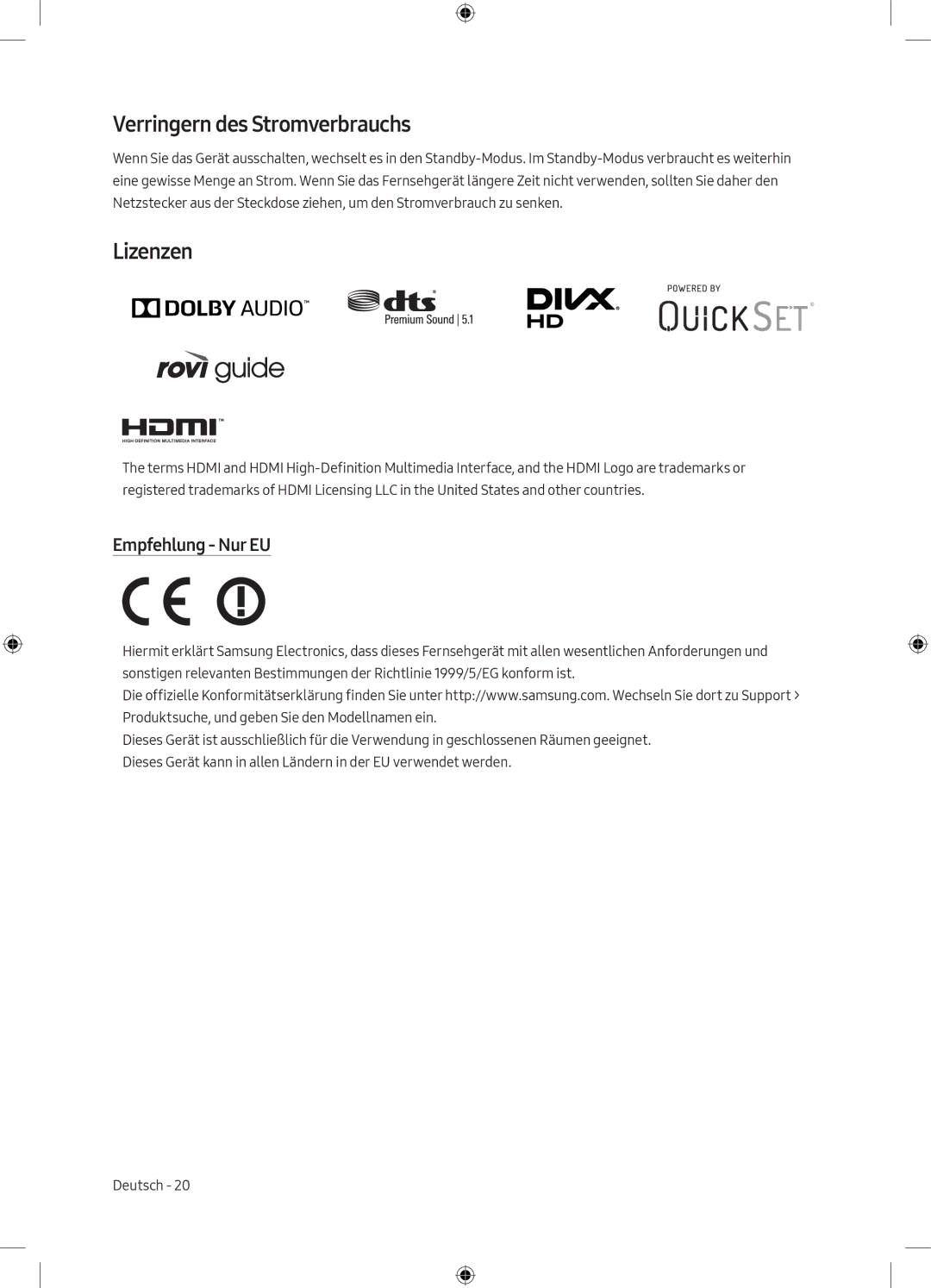 Samsung UE49M6300AWXXN, UE55M6300AWXXN manual Verringern des Stromverbrauchs, Lizenzen, Empfehlung Nur EU 