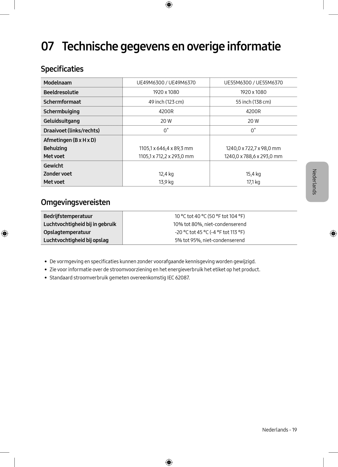 Samsung UE55M6300AWXXN, UE49M6300AWXXN manual Specificaties, Omgevingsvereisten 